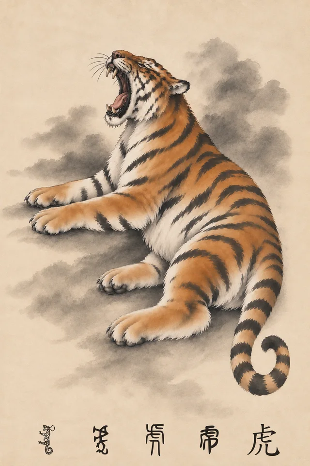Tiger poster: a yawning tiger reclining on warm handmade paper, with five forms of the character 虎 beneath it — oracle-bone, bronze, seal, clerical and modern script.