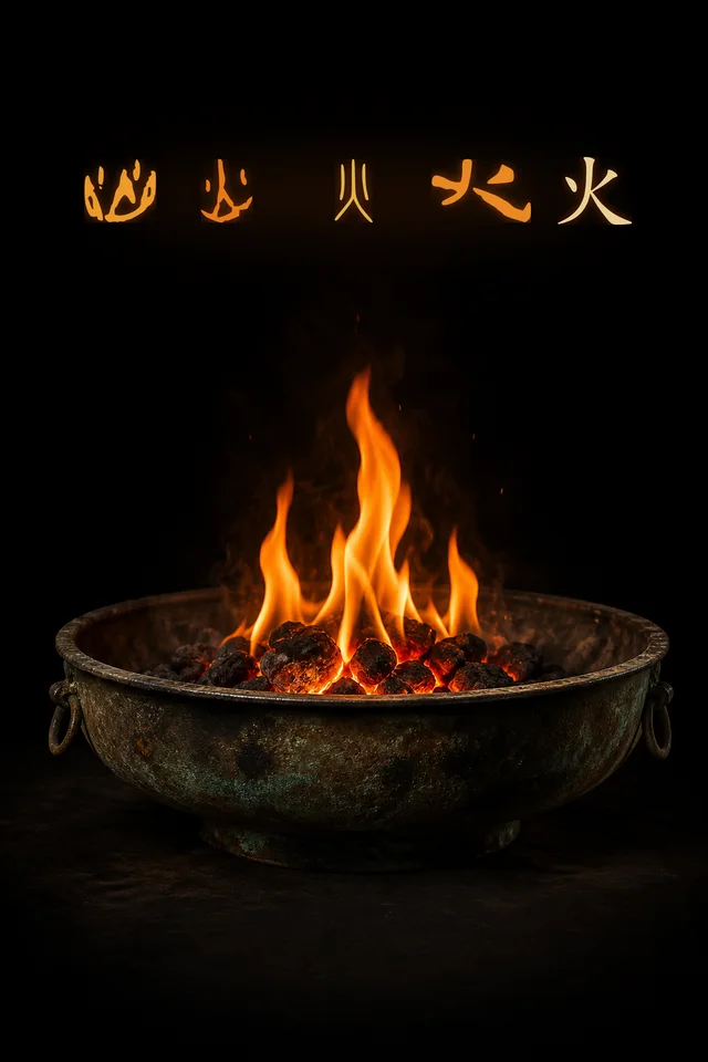 Fire poster: a bronze basin of glowing coals and a three-tongued flame on a black field, with five forms of the character 火 above it in ember-coloured light.