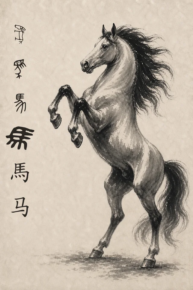 Horse poster: an ink-wash rearing horse on quiet paper, with a vertical column of the character 馬 from oracle-bone script to the modern traditional 馬 and simplified 马.