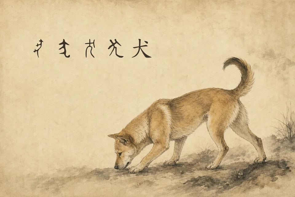 Dog poster: an ink-wash Chinese rural dog sniffing the ground with its tail raised, with a row of five forms of the character 犬 in the upper left.
