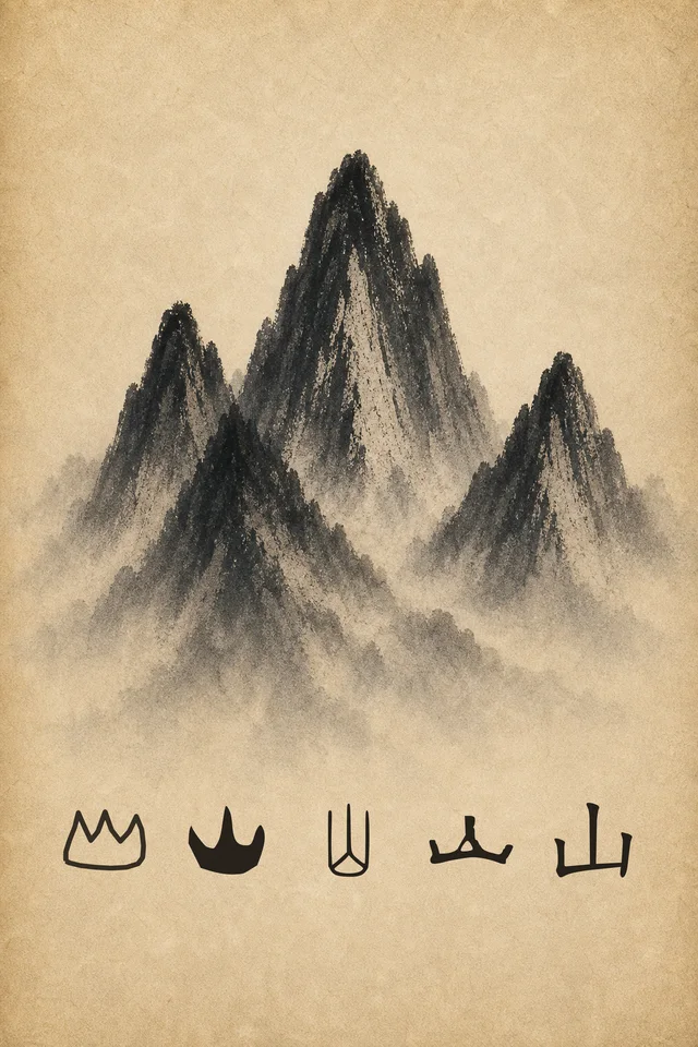 Mountain poster: a three-peaked ink mountain in mist on warm handmade paper, with five forms of the character 山 beneath it from oracle-bone script to the modern character.