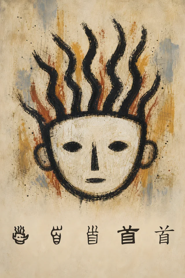 Head poster: an abstract childlike painted face with flame-shaped hair above five forms of 首, from oracle-bone script to the modern character.