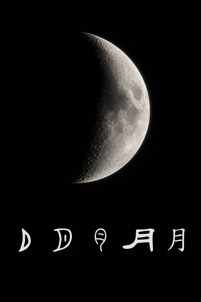 Moon poster: a crisp crescent moon on a black field, with five pale forms of the character 月 in a row beneath it.